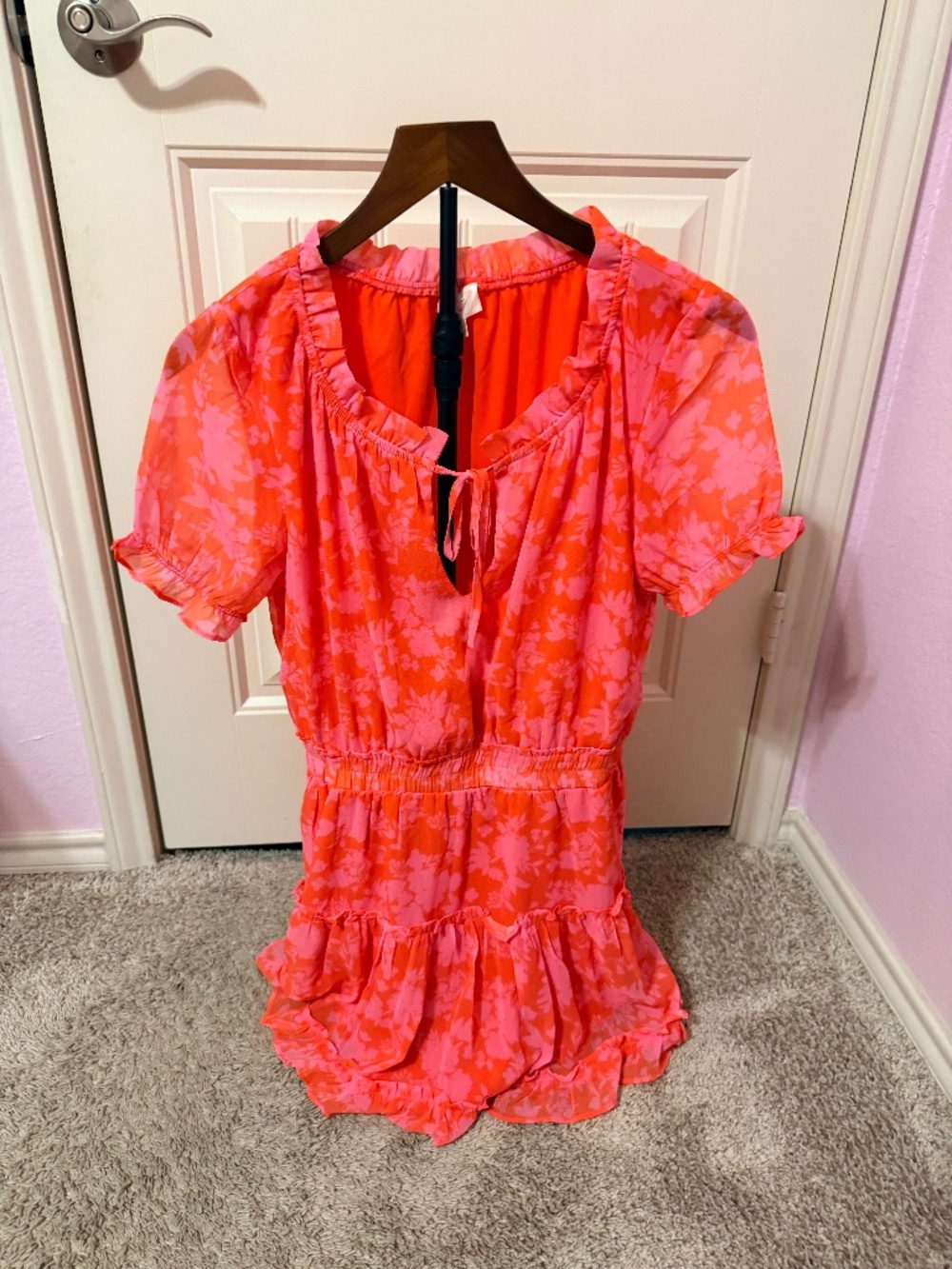 Dee elly Medium Mini Dress with Ruffle Hem Orangish and pink